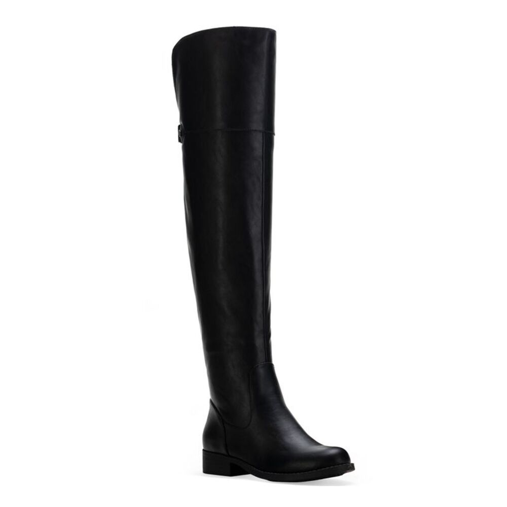 SUN STONE Womens Black Wide Calf Allicce Round Toe Block Heel Boots Shoes 7 M